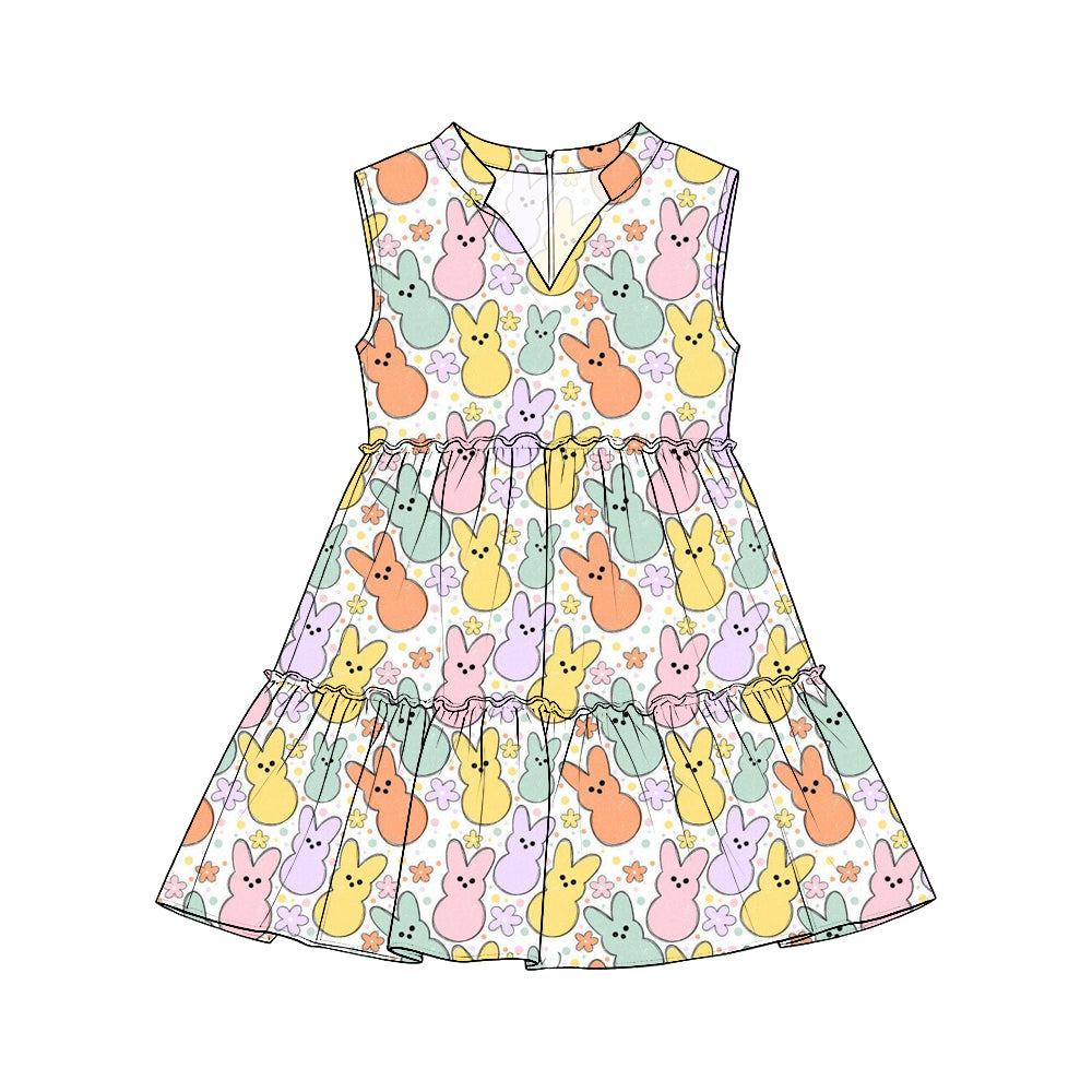 Preorder (moq 5) Girls Easter Colorful Bunny Print Sleeveless Tiered Dresses, Festive Holiday Outfit