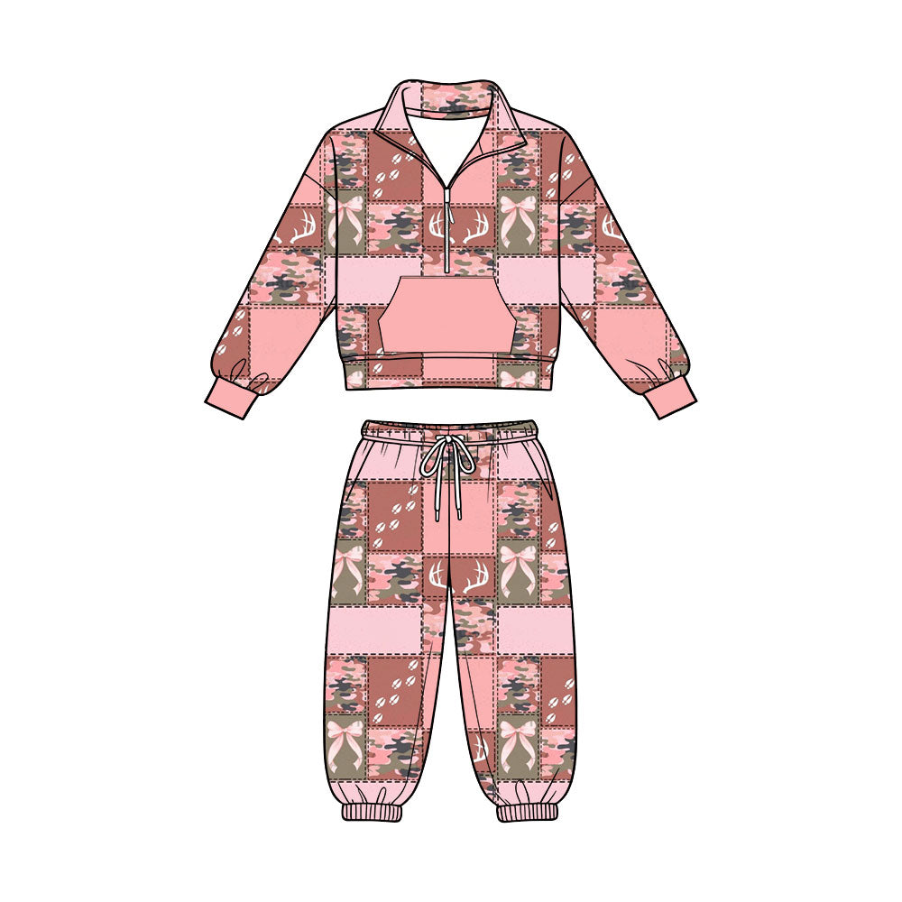 Preorder (moq 5)Baby Girls Camo Deer Bows Zip Pullover Pockets Pants Hunting Clothes Sets