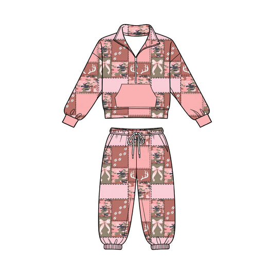 Preorder (moq 5)Baby Girls Camo Deer Bows Zip Pullover Pockets Pants Hunting Clothes Sets