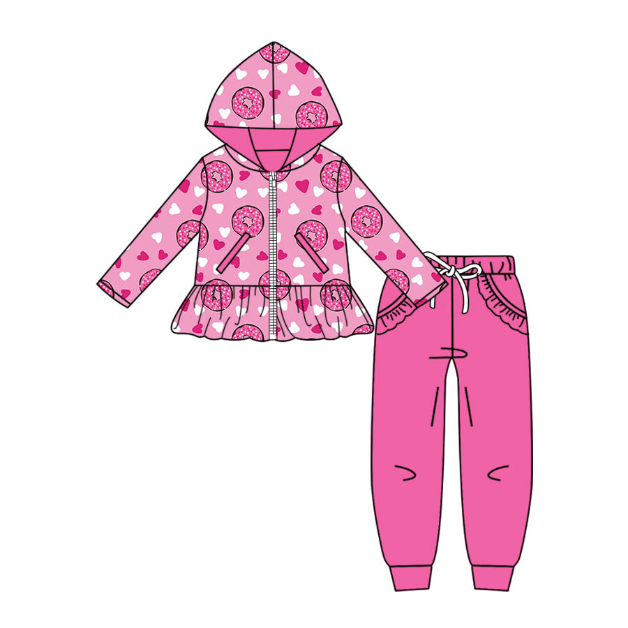 Preorder (moq 5)Baby Girls Donuts Hearts Pockets Zip Hoodie Jackets Jogger Valentines Clothes Sets