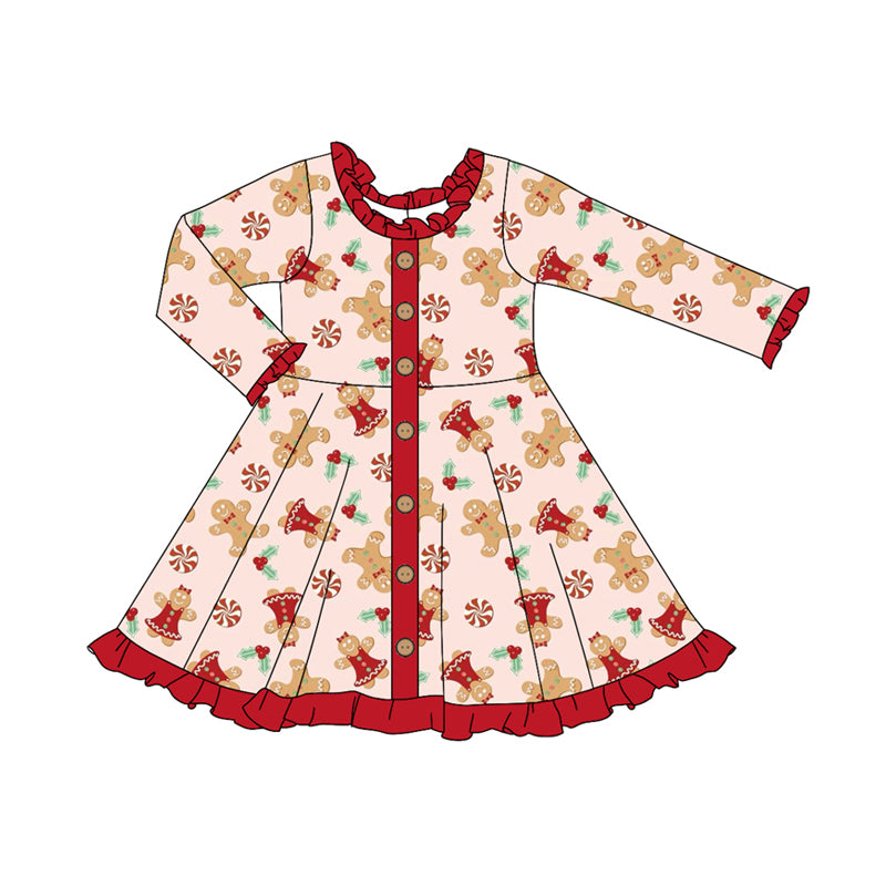 Preorder (moq 5)Baby Girls Red Long Ruffle Sleeves Button Gingerbread Knee Length Dresses