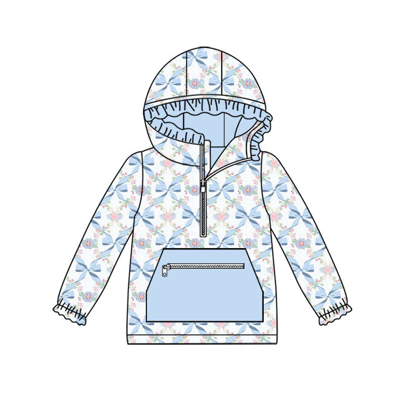 Preorder (moq 5)Baby Girls Bows Flowers Checked Zip Pocket Ruffle Hoodies Top