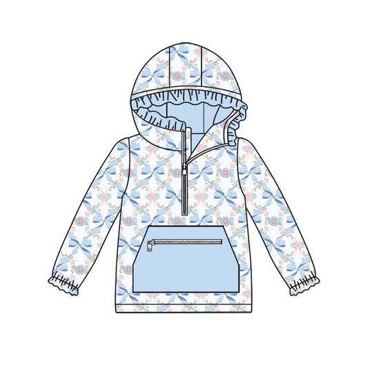 Preorder (moq 5)Baby Girls Bows Flowers Checked Zip Pocket Ruffle Hoodies Top