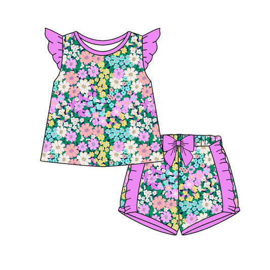 Preorder (moq 5)Baby Girls Flutter Sleeve Colorful Flowers Tunic Ruffle Short Clothes Sets