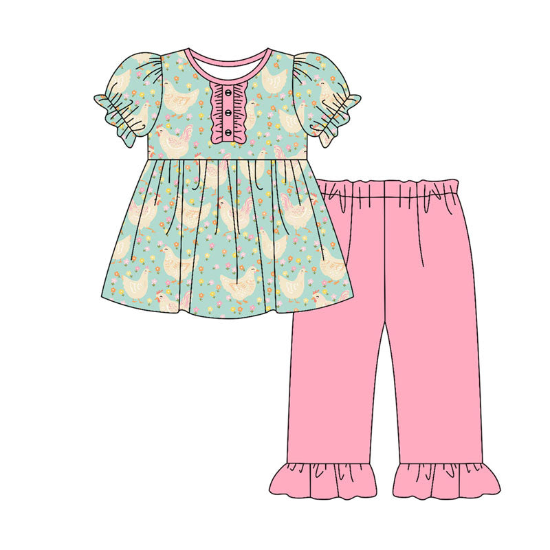 Preorder(moq 8)Baby Girls Flowers Chicks Button Tunic Ruffle Pants Farm Clothes Sets