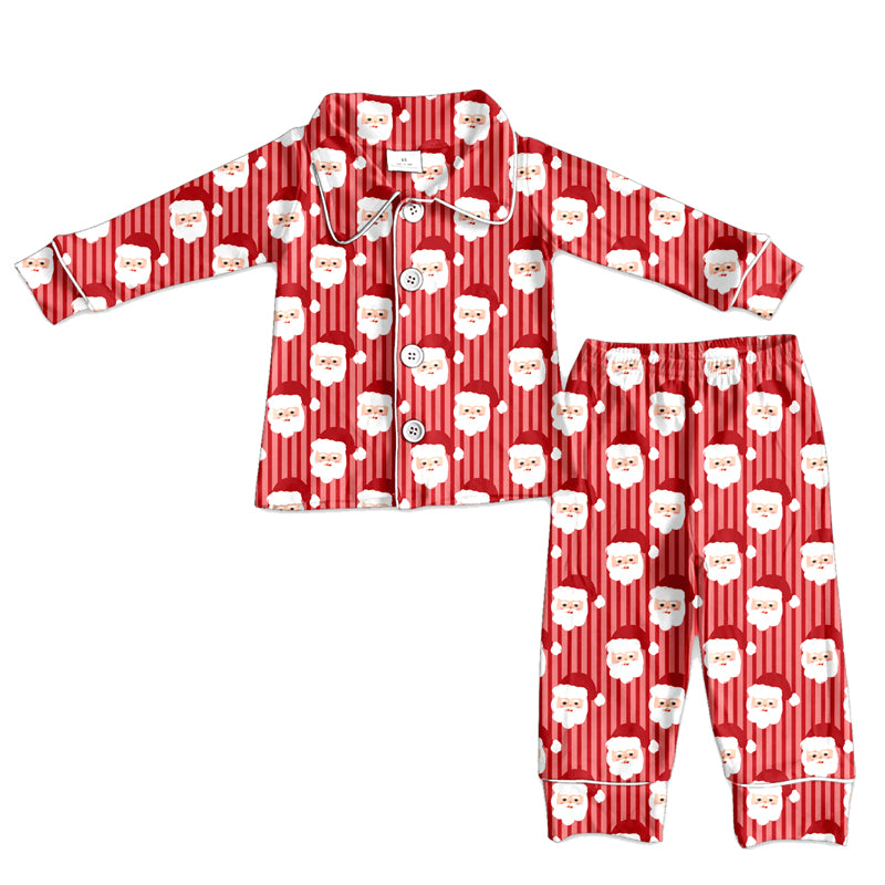 Preorder (moq 5)Baby Girls Red Stripe Santa Button Top Pant Christmas Pajamas Sets
