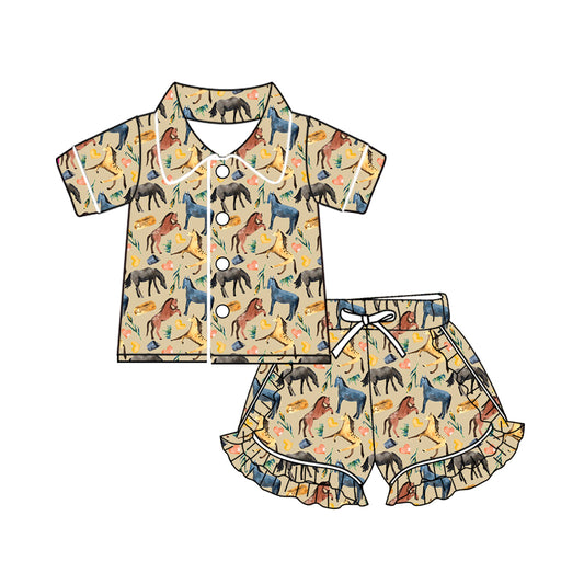 Baby Girls Western Horse Buttons Top Ruffle Shorts Pajamas Sets preorder(MOQ 5)