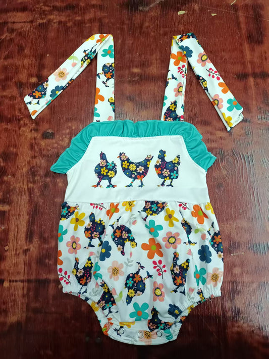 Preorder moq 5 Baby Girls Strap Flowers Chicks Farm Ruffle Rompers