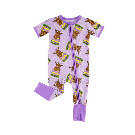 Girls Baby Easter Purple Highland Cow Zip Rompers preorder(moq 5)