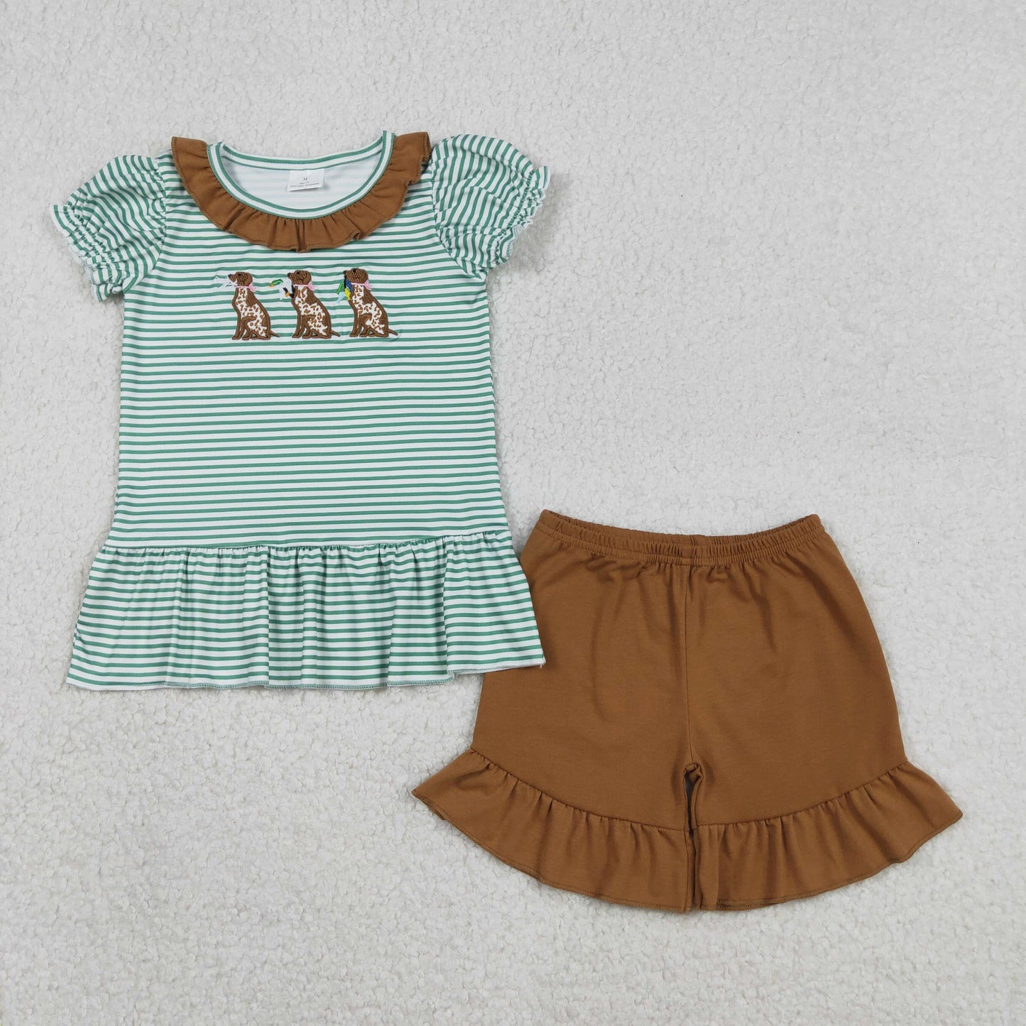 Embroidery Ducks Dogs Baby Girls Stripe Collar Tunic Ruffle Shorts Hunting Clothes Sets