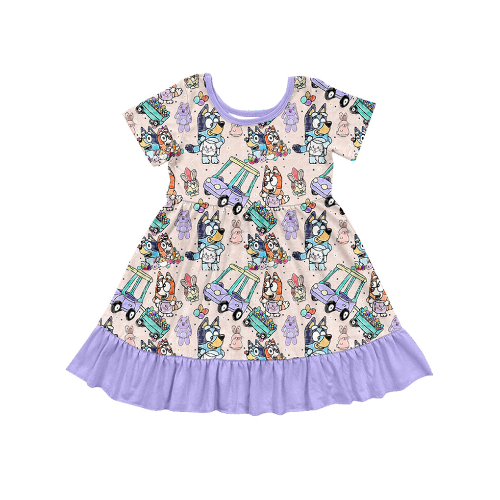 Baby Girls Easter Lavender Bunny Dogs Ruffle Knee Length Dresses preorder(MOQ 5)