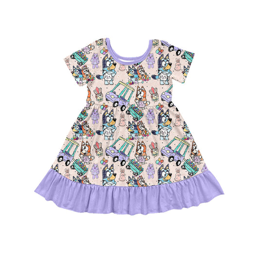 Baby Girls Easter Lavender Bunny Dogs Ruffle Knee Length Dresses preorder(MOQ 5)