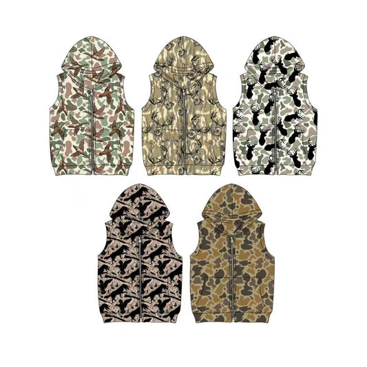 Preorder moq 5 (each item)Baby Boys Sleeveless Hunting Deer Dogs Ducks Camo Pocket Zipper Hoodie Jackets