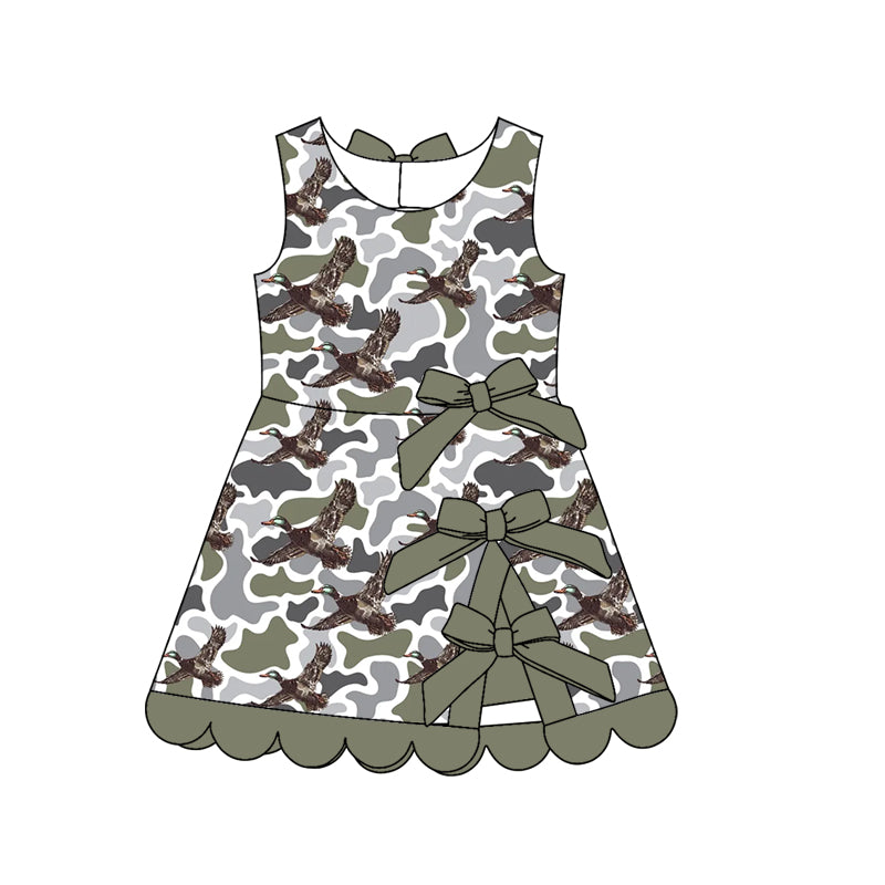 Preorder (moq 5)Baby Girls Green Camo Ducks Hunting Short Scallop Knee Length Dresses