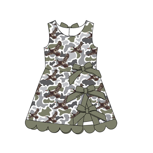 Preorder (moq 5)Baby Girls Green Camo Ducks Hunting Short Scallop Knee Length Dresses