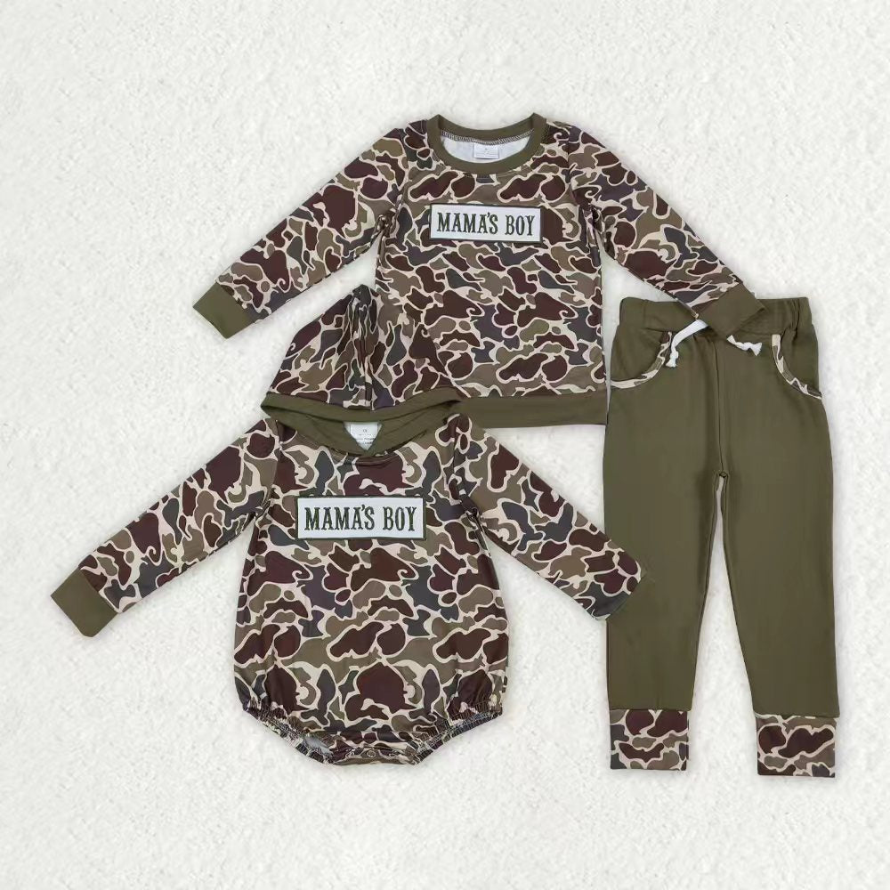 Sibling Baby Boys Embroidery Mama's Boy Dark Khaki Camo Pockets Pant Clothes Sets Hoodie Romper