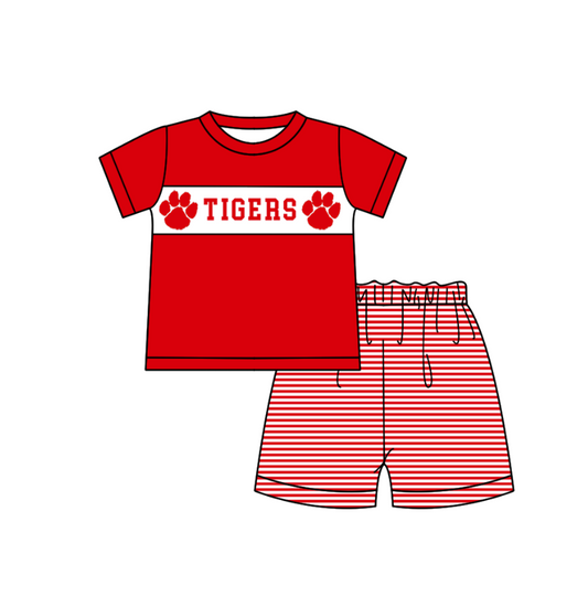 Preorder (moq 5)Baby Boys Red Short Sleeve Tiger Top Stripe Short Team Clothes Sets