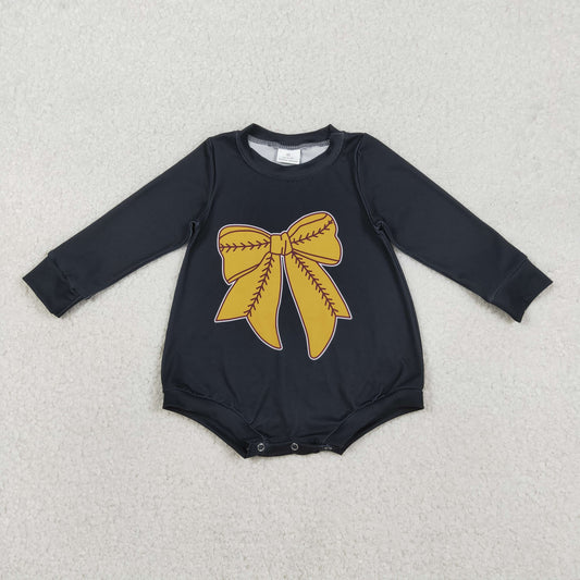 Baby Girls Black Long Sleeve Gold Baseballs Bows Team Rompers