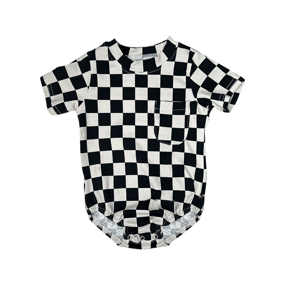 Baby Toddler Boys Western Black Checkered Pocket Short Sleeve Rompers preorder(moq 5)