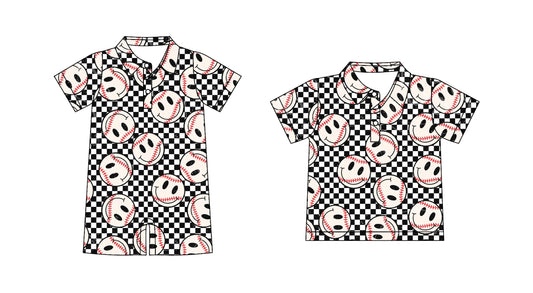 Preorder moq 5 Custom Baby Boys Short Sleeves Black Plaid Smile Baseballs Button Polo Shirts Top Rompers