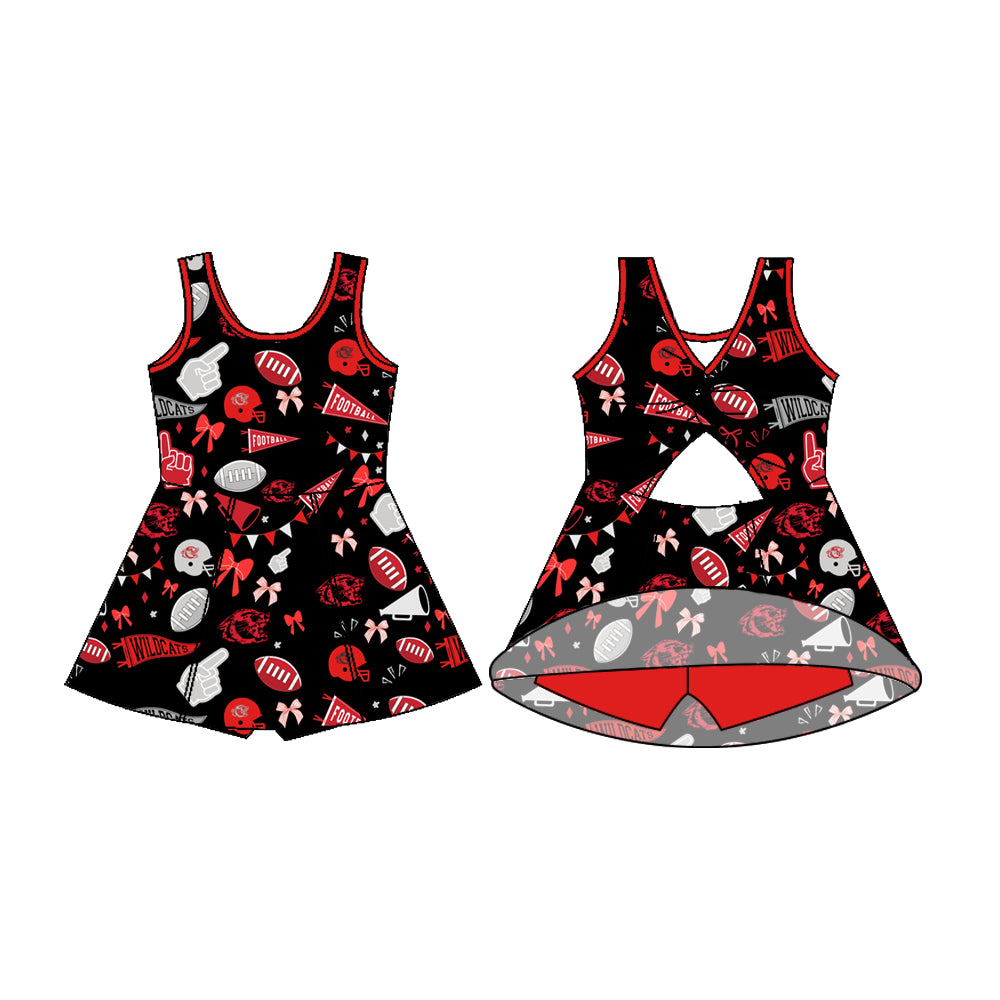Preorder (moq 5)Baby Girls Sleeveless Wildcats Football Bows Shorts Team Dresses