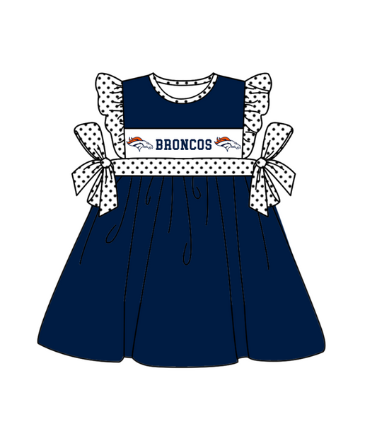 Preorder (moq 5)Baby Girls Polka Dots Flutter Sleeve Broncos Team Knee Length Dresses