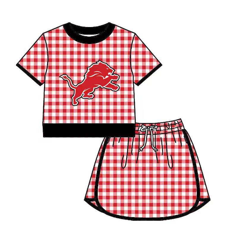 Preorder (moq 5)Baby Girls Red Checked Detroit Lions Top Skirt Short Team Clothes Set