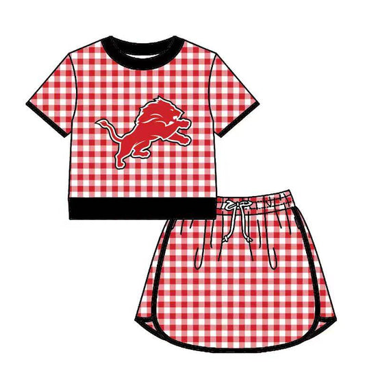 Preorder (moq 5)Baby Girls Red Checked Detroit Lions Top Skirt Short Team Clothes Set