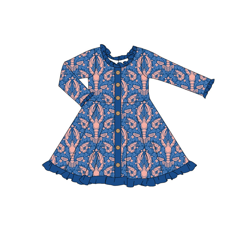 Baby Girls Navy Crawfish Long Sleeve Knee Length Dresses preorder(MOQ 5)