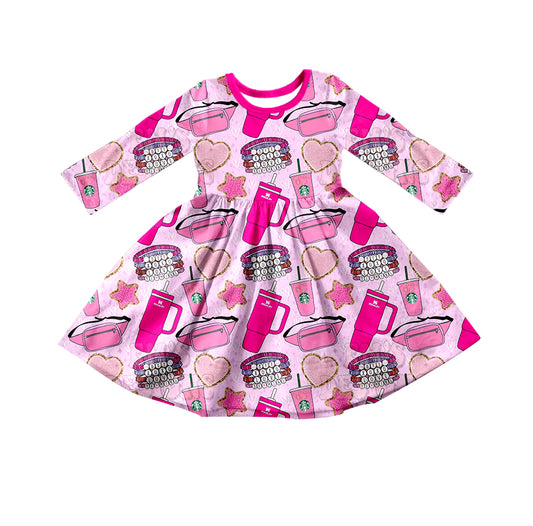 Baby Girls Pink Coffee Cups Singer Long Sleeve Twirl Knee Length Dresses Preorder(moq 5)