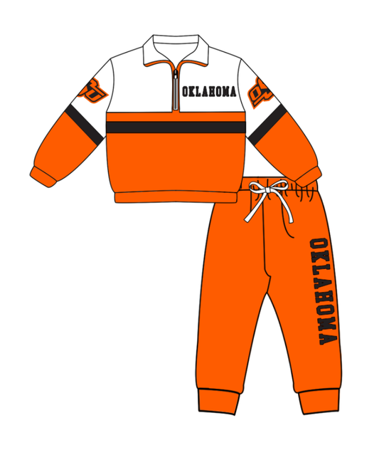 Preorder (moq 5)Baby Boys Orange Oklahoma Zipper Pullover Jogger Pants Team Clothes Set