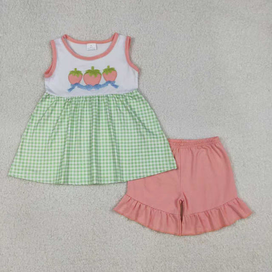 Sibling Baby Girls Embroidery Bows Strawberry Tunic Ruffle Shorts Clothes Set Rompers