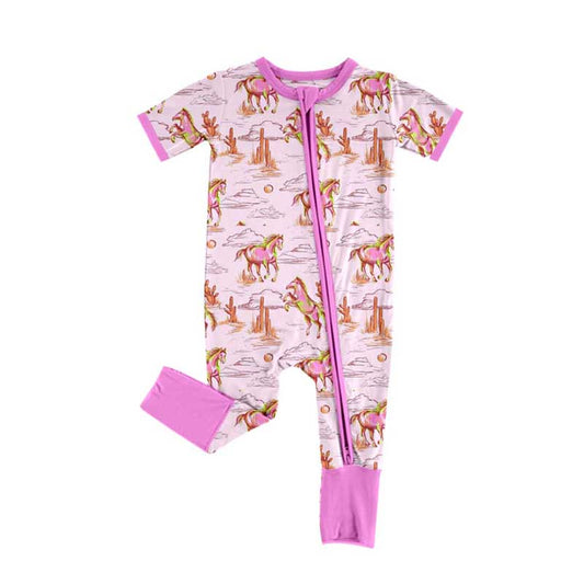 Girls Baby Kids Pink Western Horse Rodeo Zip Rompers preorder(moq 5)