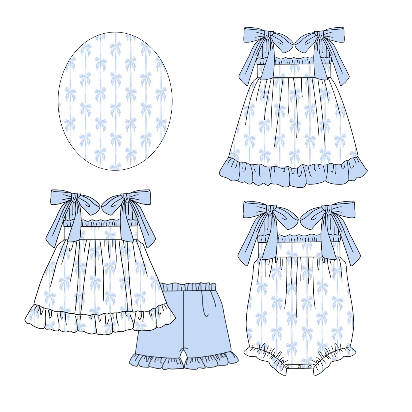 Preorder moq 5 Custom Baby Girls Blue Strap Bows Tunic Ruffle Short Sets Knee Length Dress Rompers