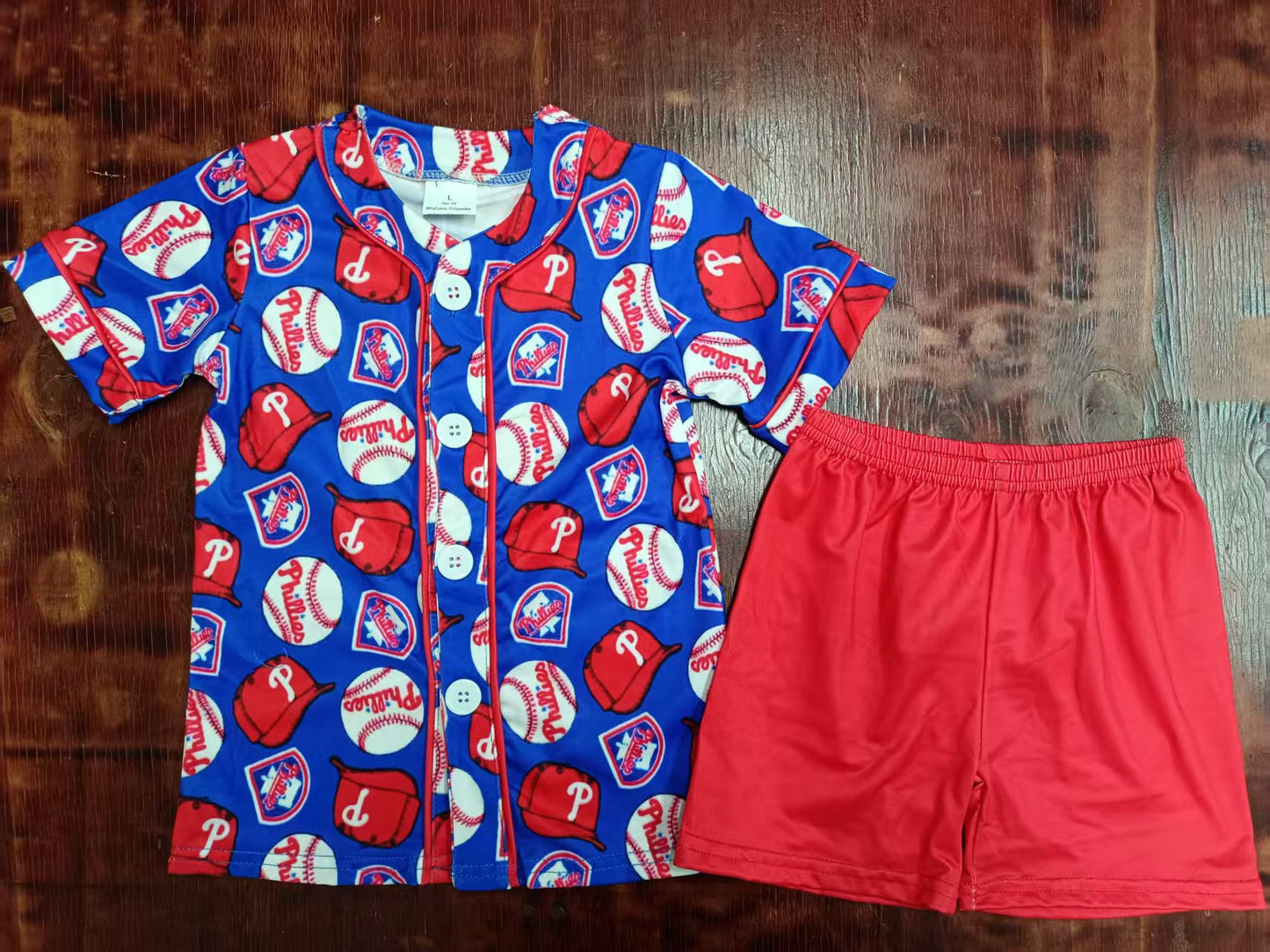 Preorder moq 5 Baby Boys Blue Short Sleeves Button Baseballs Hats Top Red Shorts Pajamas Set