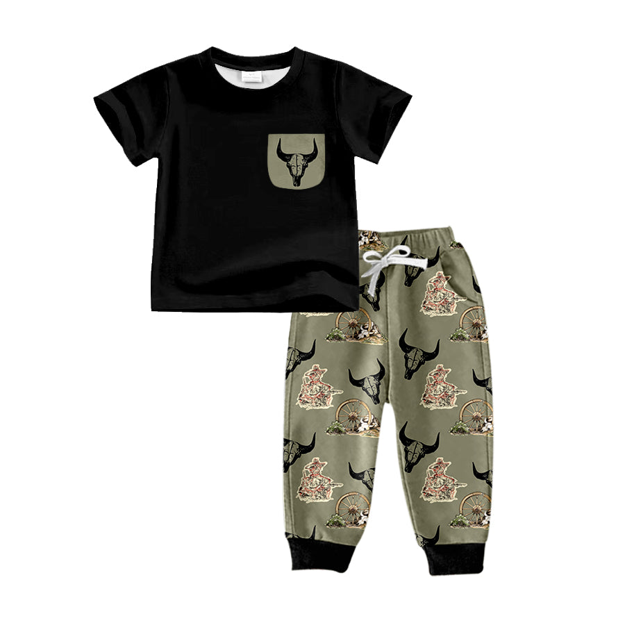 Baby Boys Black Pocket Tee Top Cow Skull Pants Clothes Sets preorder(moq 5)