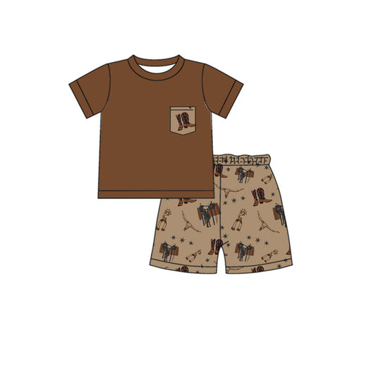 Preorder(moq 5)Baby Boys Brown Pocket Top Western Cow Shorts Clothes Sets