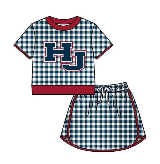 Preorder (moq 5)Baby Girls Hot Blue Checked HJ Top Skirt Short Team Clothes Set