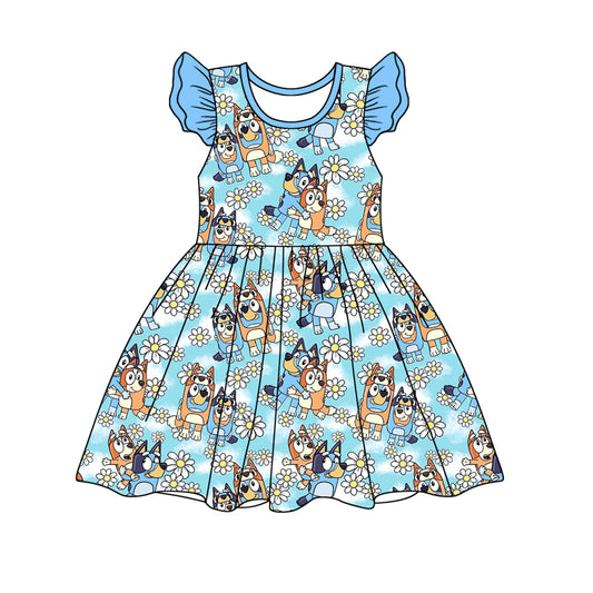 Preorder (moq 5)Baby Girls Sister Dog Blue Flowers Pearl Knee Length Dresses