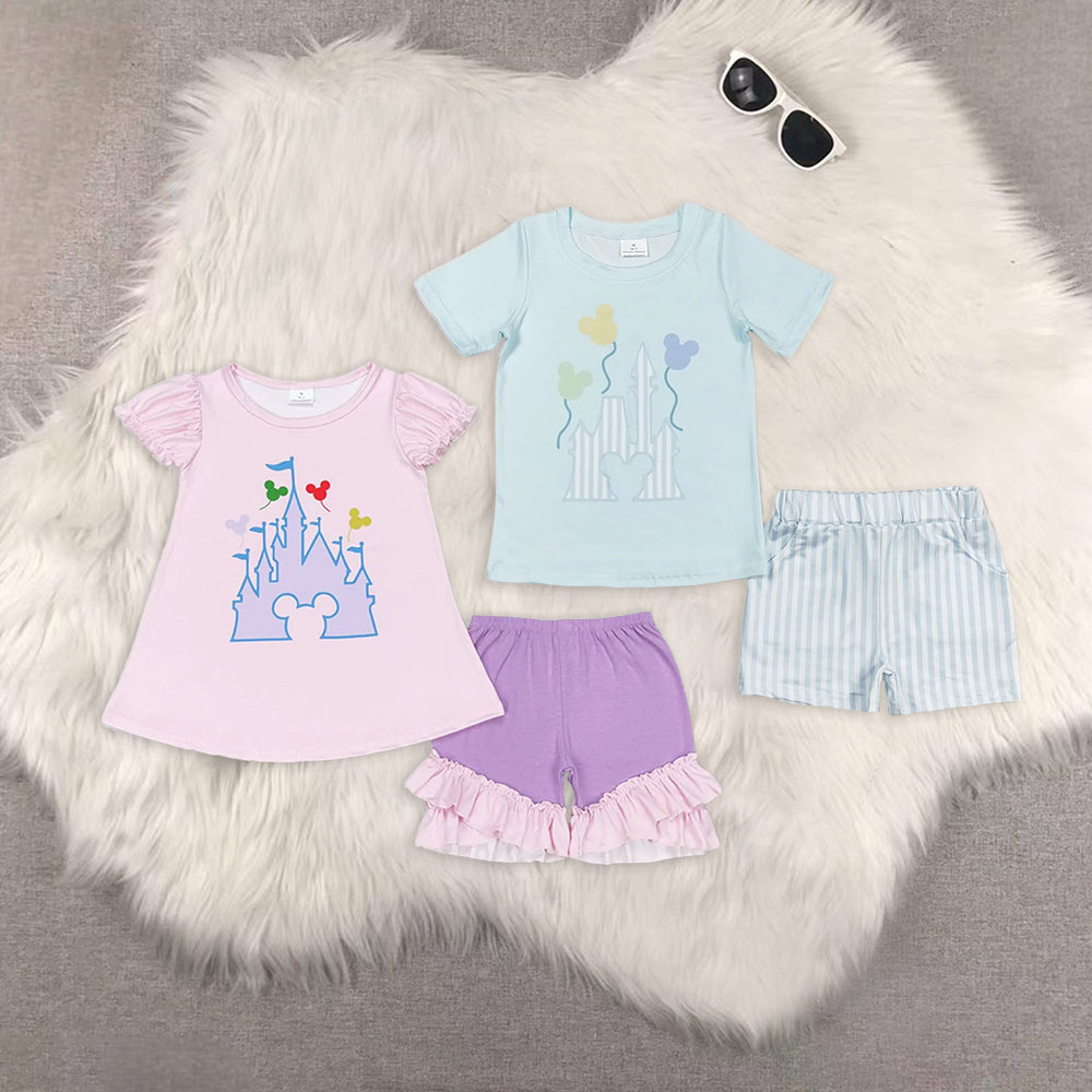 Sibling Baby Kids Short Sleeves Castle Cartoon Mouse Balloons Tunic Shorts Clothes Sets