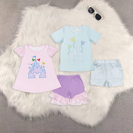 Sibling Baby Kids Short Sleeves Castle Cartoon Mouse Balloons Tunic Shorts Clothes Sets