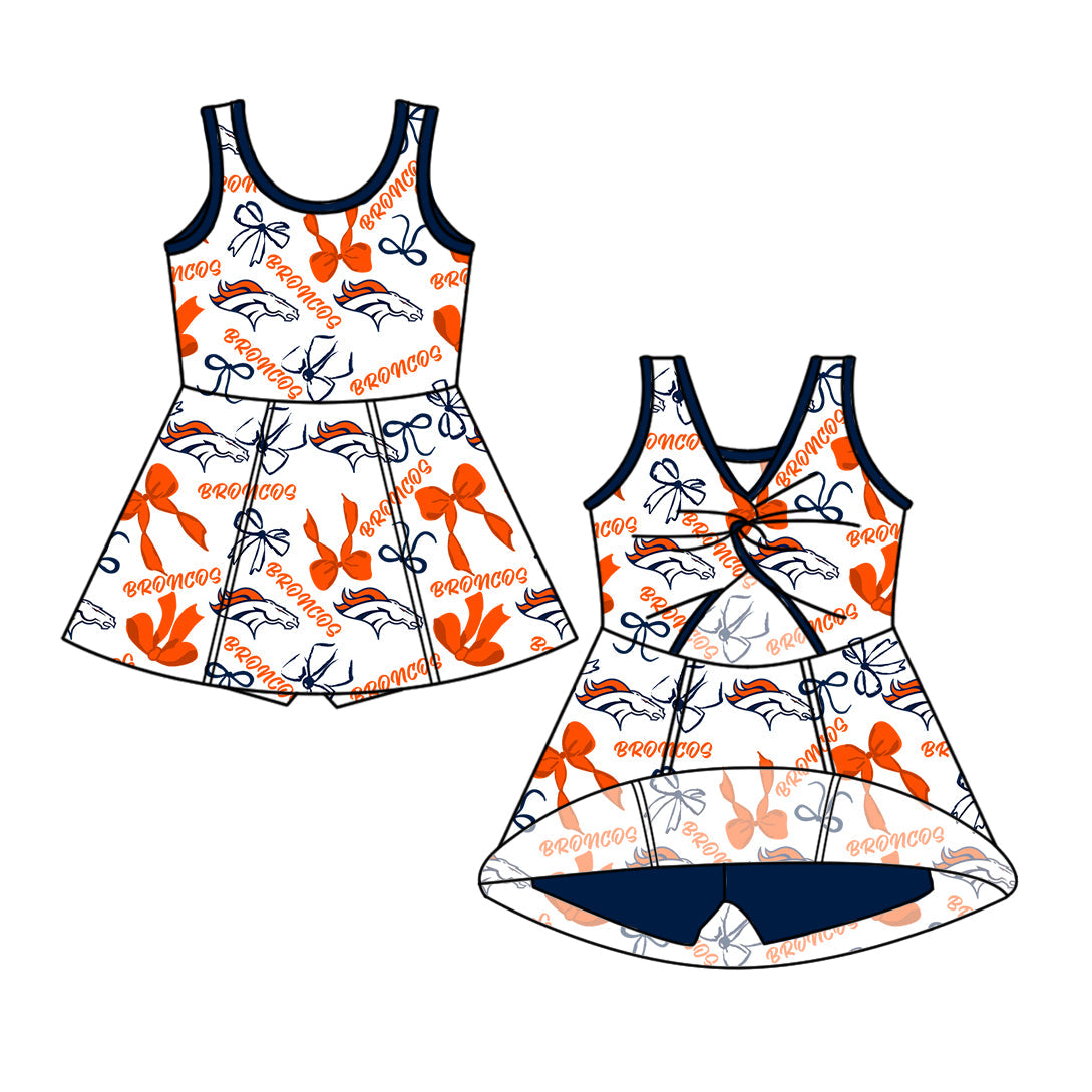 Preorder (moq 5)Baby Girls Sleeveless Orange Broncos Bows Shorts Team Knee Length Dresses