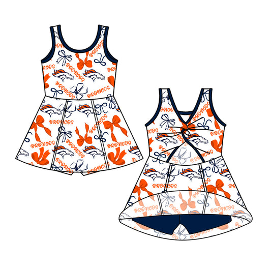 Preorder (moq 5)Baby Girls Sleeveless Orange Broncos Bows Shorts Team Knee Length Dresses