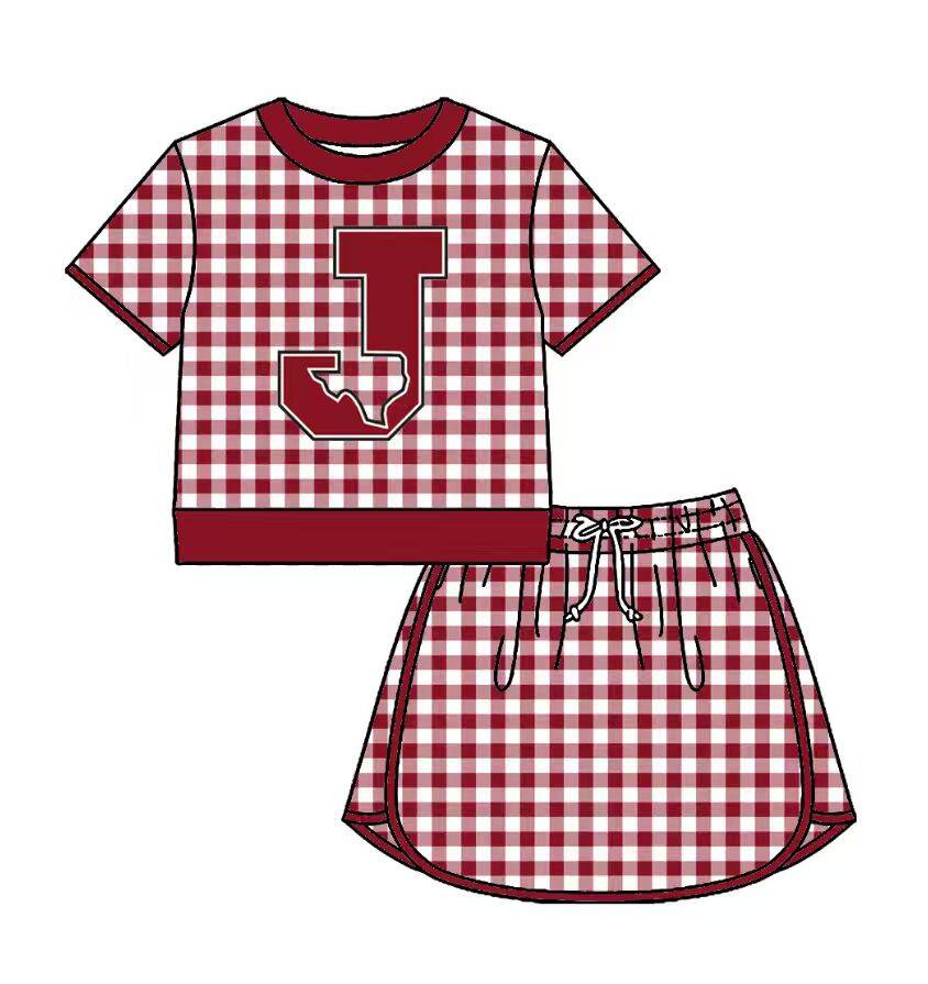 Preorder (moq 5)Baby Girls Red Checked Jasper Bulldogs Top Skirt Short Team Clothes Set