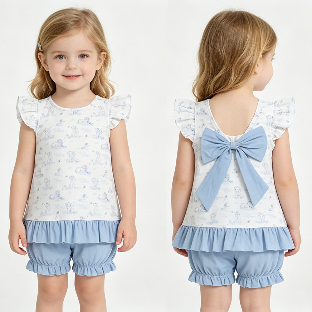 Baby Girls Flutter Sleeve Dogs Butterfly Back Bow Tunic Ruffle Short Clothes Sets