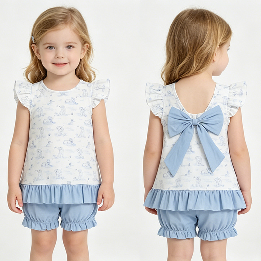 Baby Girls Flutter Sleeve Dogs Butterfly Back Bow Tunic Ruffle Short Clothes Sets