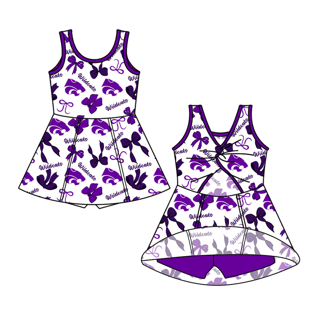 Preorder (moq 5)Baby Girls Sleeveless Wildcats Bows Team Shorts Knee Length Dresses
