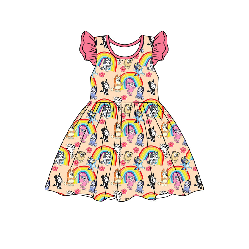 Preorder (moq 5)Baby Girls Dogs Flowers Rainbow Flutter Sleeve Knee Length Dresses