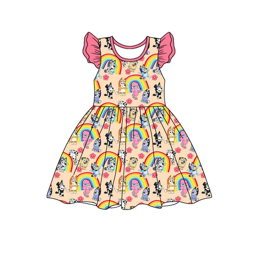 Preorder (moq 5)Baby Girls Dogs Flowers Rainbow Flutter Sleeve Knee Length Dresses