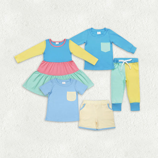 Sibling Baby Boys Girls Patchwork Clothes Set Knee Length Dresses